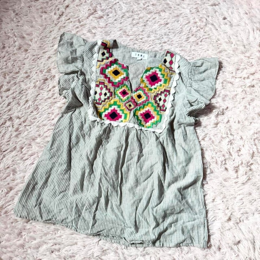 Embroidered Indie Geometric Tribal Boho Hippie Ruffle Flowy Top Womens M Earthy